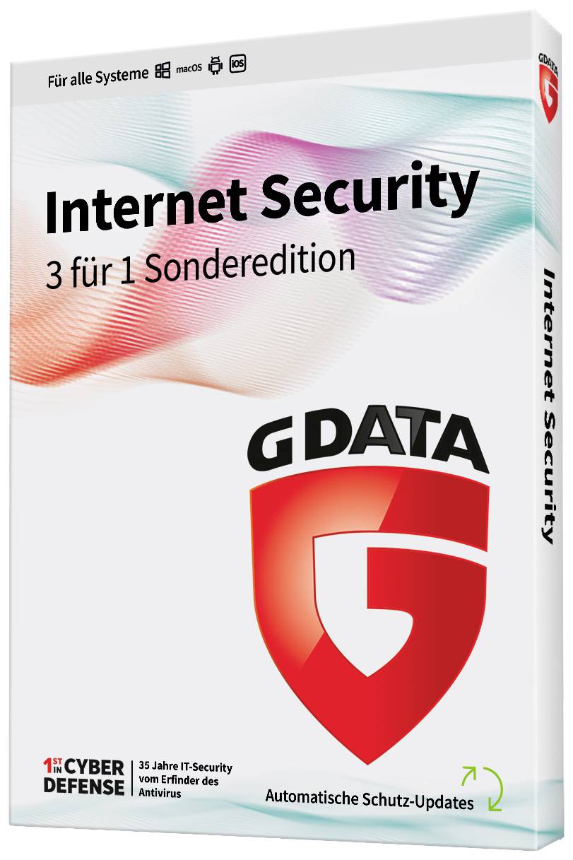 Packaging for the 'G DATA Internet Security 3-in-1 Special Edition'. Emphasises security, automatic updates, and compatibility with all systems.