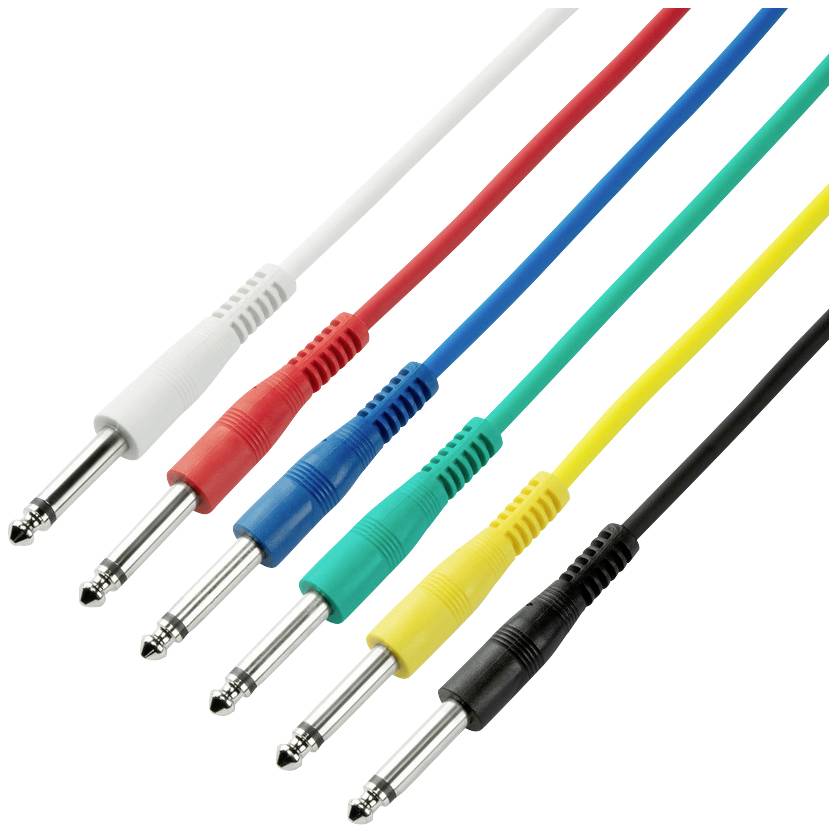 Several coloured audio cables with 6.3 mm jack plugs against a white background.