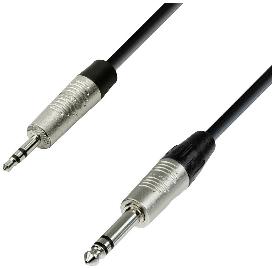 A black audio cable with a 3.5mm stereo plug on the left side and a 6.35mm stereo plug on the right side.