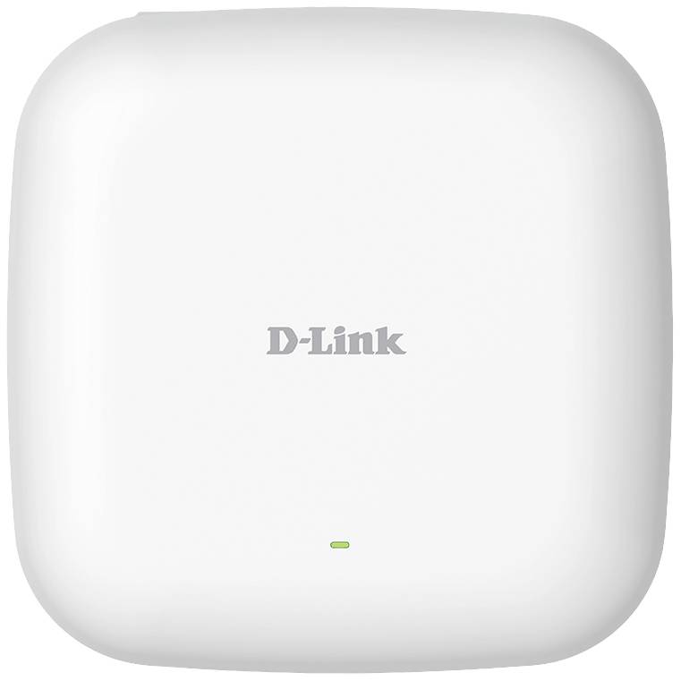 A white D-Link Wi-Fi access point with rounded corners, model designation on the top surface, showing an operational indicator with green light.
