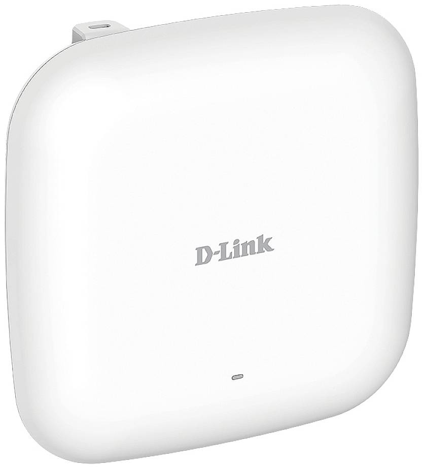 Wall-mounted, square, white D-Link Wi-Fi router with rounded corners.