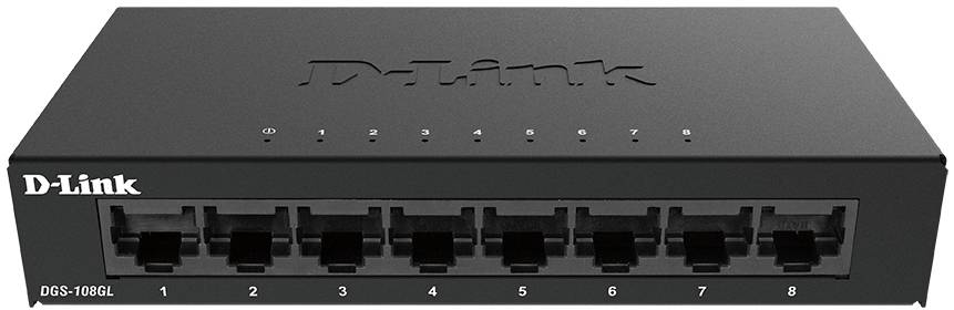 A black network switch from D-Link with eight Ethernet ports, model DGS-108GL, suitable for office or home networks.