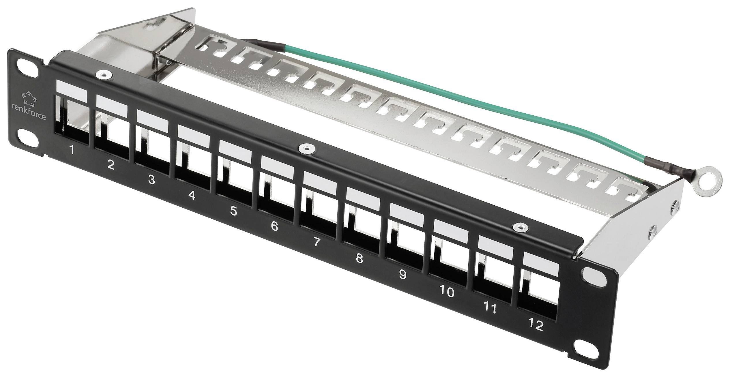Patchpanel mit zwölf nummerierten Ethernet-Ports, geeignet zur Netzwerkverkabelung in einem Serverraum oder Netzwerkschrank.