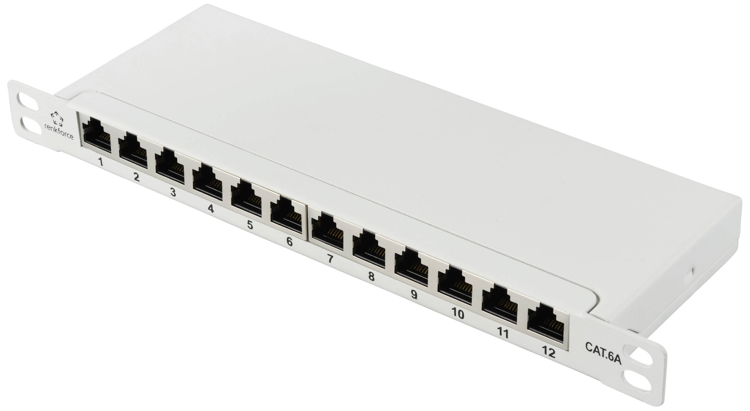 Patch panel with 12 RJ45 ports, numbered from 1 to 12, for CAT6A cable connections.