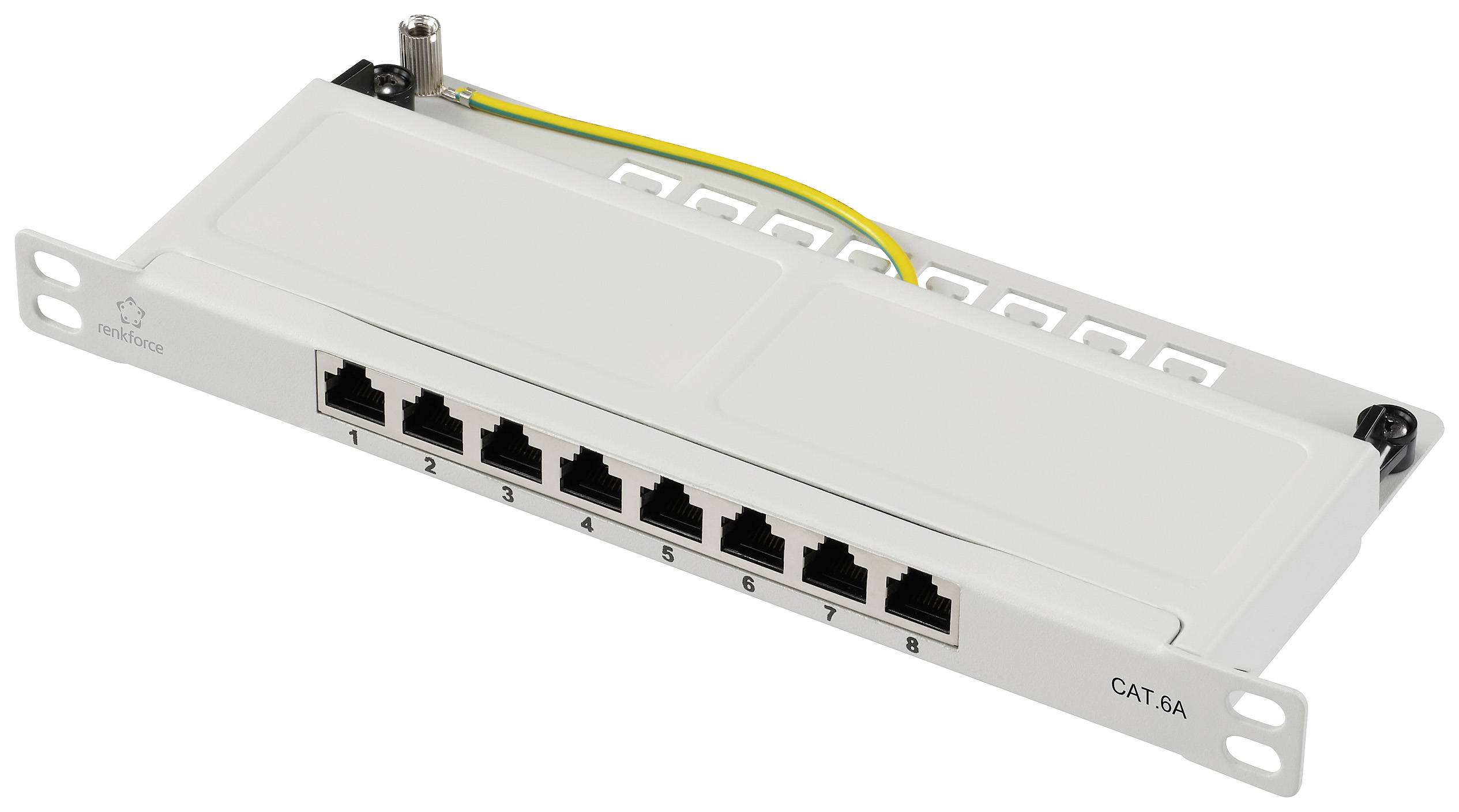 A patch panel with eight Ethernet ports and an earthing screw. Used for network cabling in IT infrastructures.