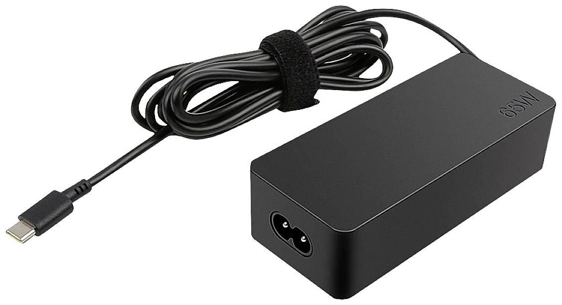 Black power adapter with USB-C port and coiled cable.