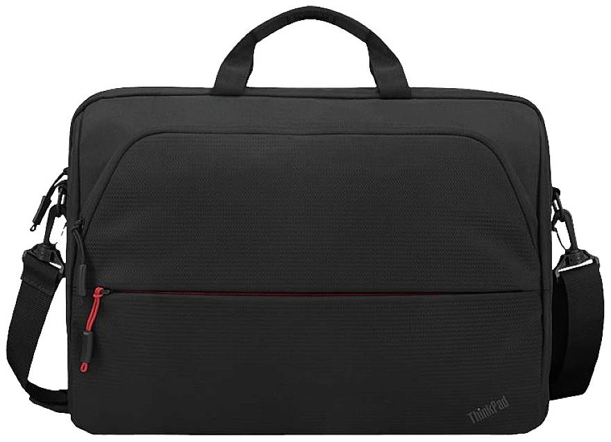 A black laptop bag with a carry handle and an adjustable shoulder strap. A red zip is visible at the front.
