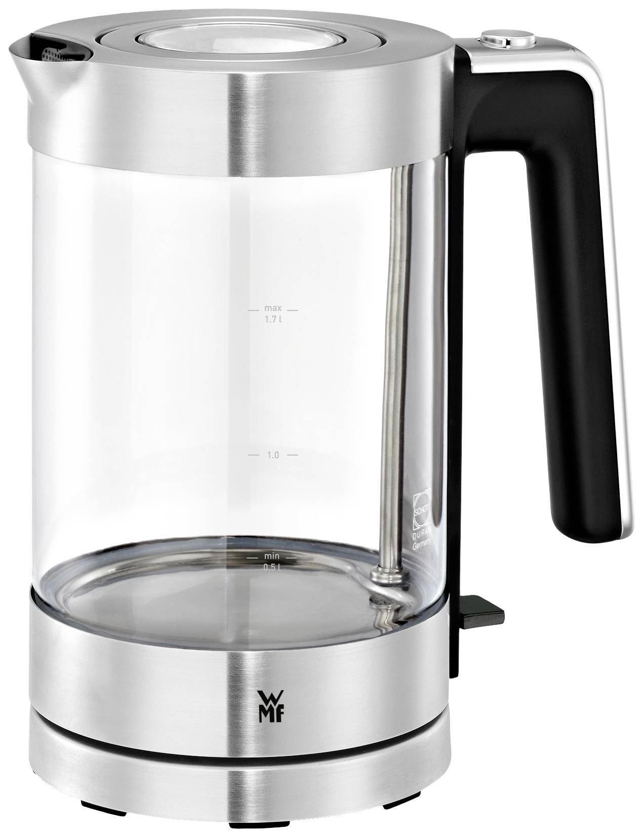 Glass kettle with stainless steel casing and black handle. Stands upright, showing measurement markings on the glass.