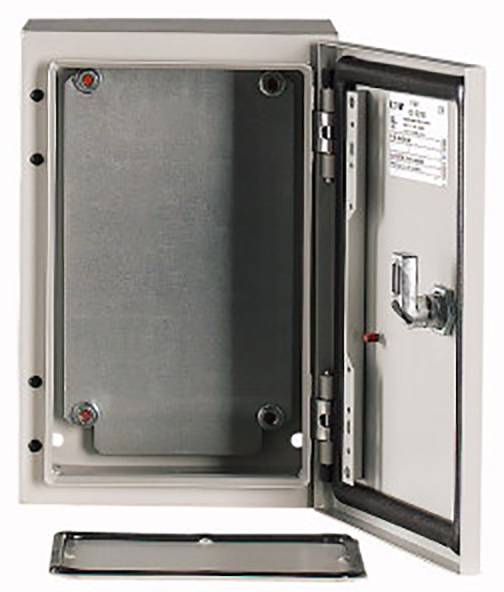 A grey, open metal enclosure with its lid removed. It shows the inner surface and mounting brackets for electrical components.