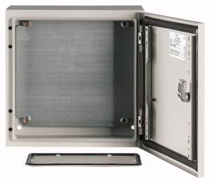 Metal electrical enclosure with open door, interior empty. Ideal for installing electrical components.