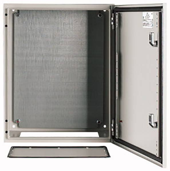 An open, empty metallic switch cabinet with a removed front panel, suitable for housing cables and electronic components.Note: This translation is in British English and maintains the original meaning and technical precision of the description.