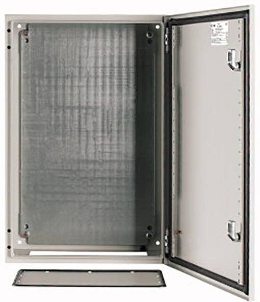 Metal cabinet with an open door, showing interior space. No visible shelves or fittings. Suitable for storage or installation.