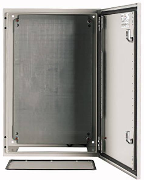 Hinged metal enclosure with openings, suitable for electrical equipment or circuits, showing visible fastenings and interior components.