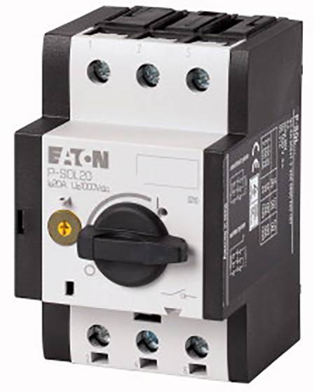 An electrical protective switch by Eaton, model P-SOL20, with a black rotary knob and multiple terminal connections on the top.