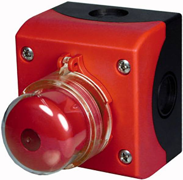 Red emergency stop switch in a square box, used for safety technology.