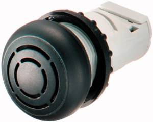 Black round push button with grooves, on a white background.
