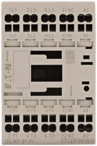 An electrical switching device with multiple terminal connections, marked with various labels and the brand name 'Eaton'.