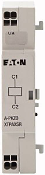 Electrical component with 'EATON' inscription and circuit diagram for C1 and C2. Model A-PKZ0 XTPAXSR, grey housing.