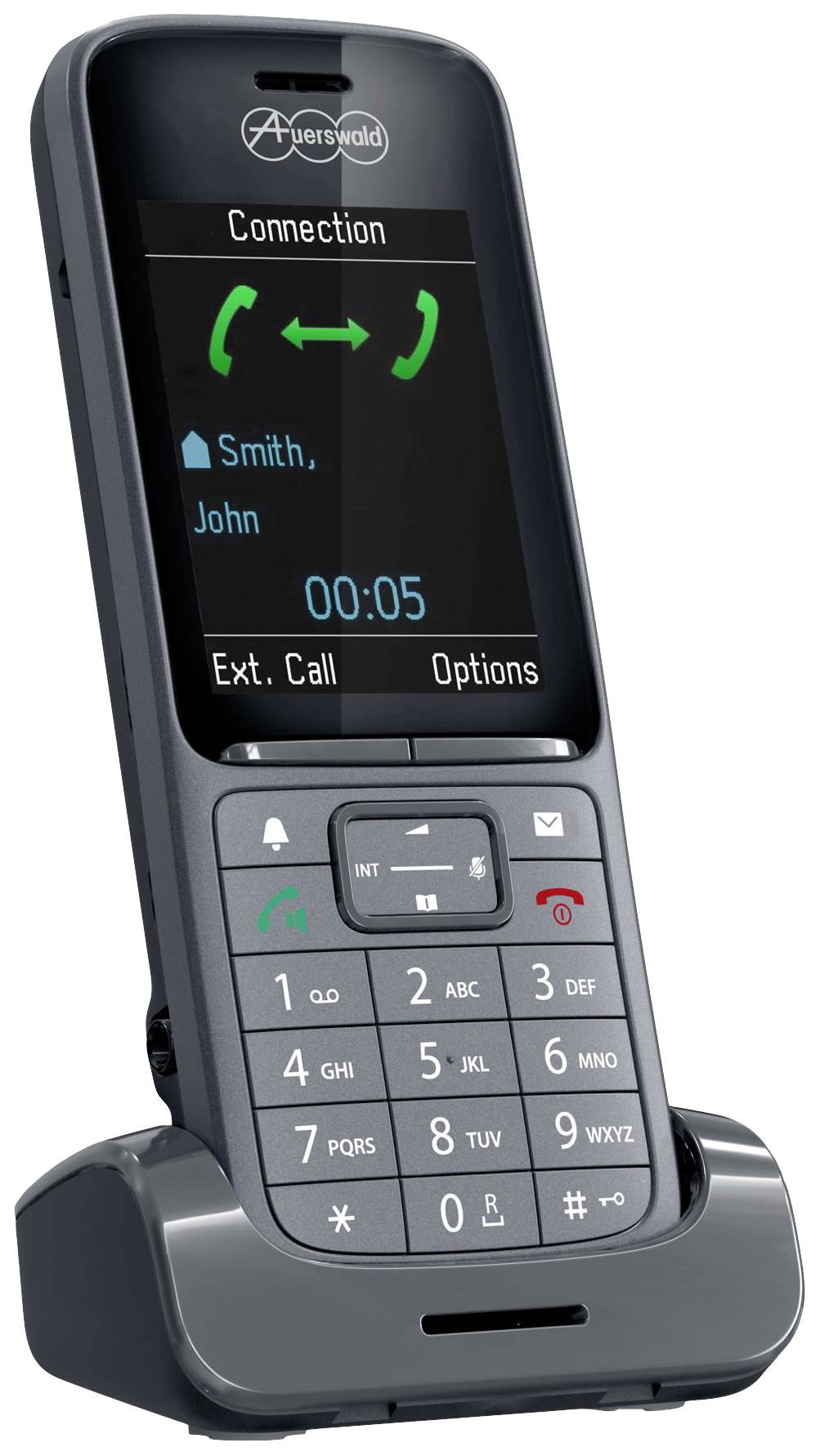 Cordless telephone in charging dock, display showing incoming call from 'Smith, John'. Keypad with numerical buttons and additional function keys.
