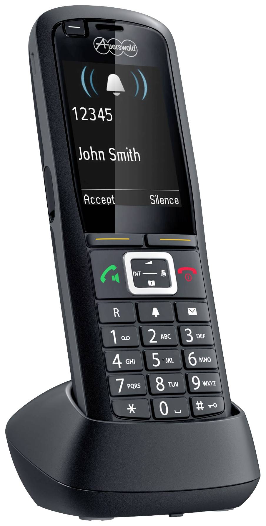 Cordless telephone on charging station shows incoming call from 'John Smith' with options 'Answer' and 'Mute'.