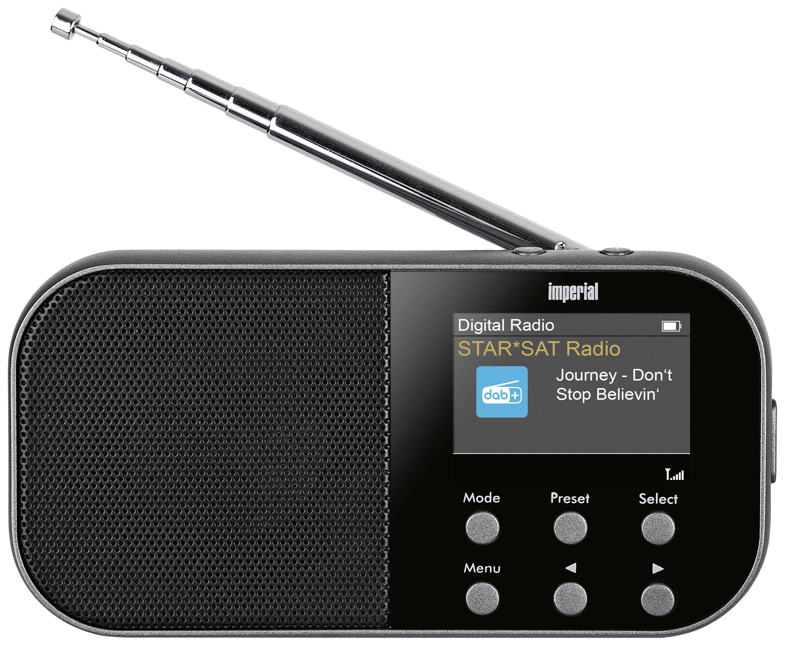 Black portable DAB+ radio with antenna, displaying station 'STAR*SAT Radio' and song 'Journey - Don't Stop Believin'' on screen.