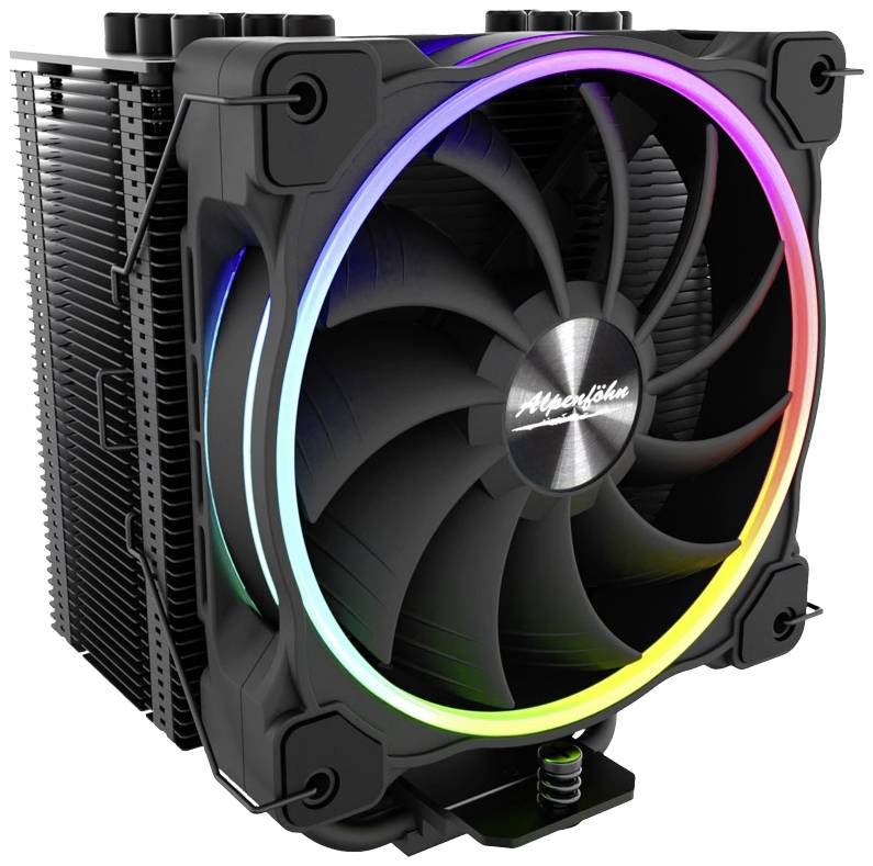 A black CPU cooler with a large fan and rainbow LEDs. Primarily used for cooling processors in computers.