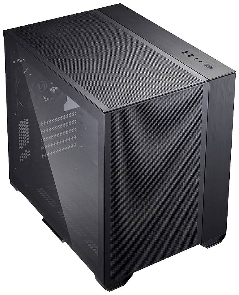 Black PC case with a glass viewing window, perforated surface, and controls along the top edge, designed in a modern and minimalist style.