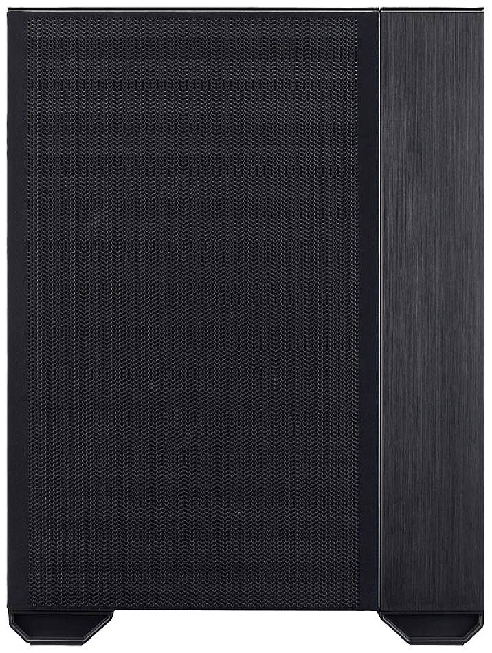 A black computer case with a mesh grille at the front, suitable for a desktop PC.