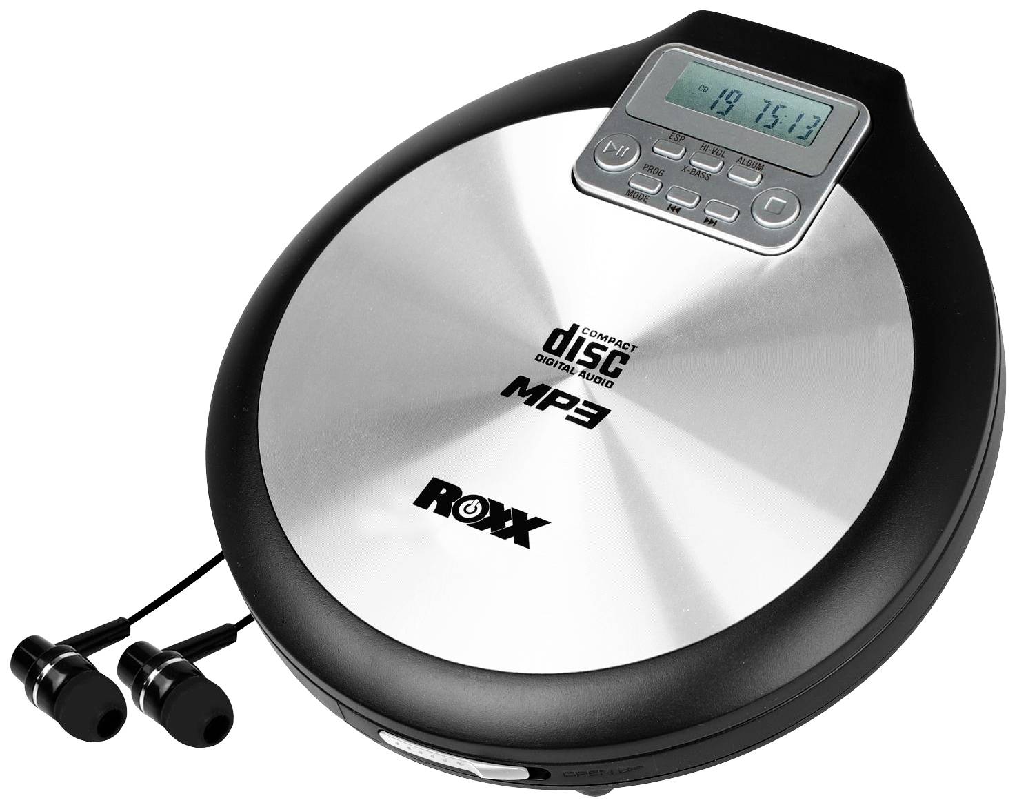 Portable CD player with silver casing and MP3 support, displaying '19 15:13' on the screen. Includes earphones.