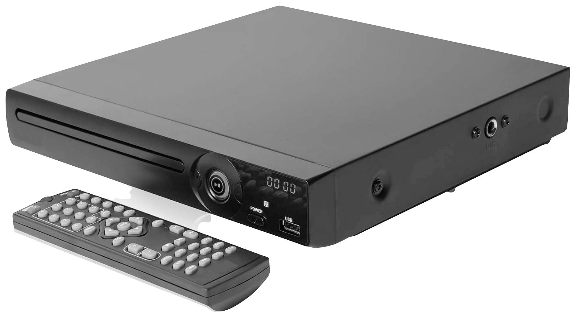 A black DVD player with a digital display and USB port, next to a remote control with numerous buttons.