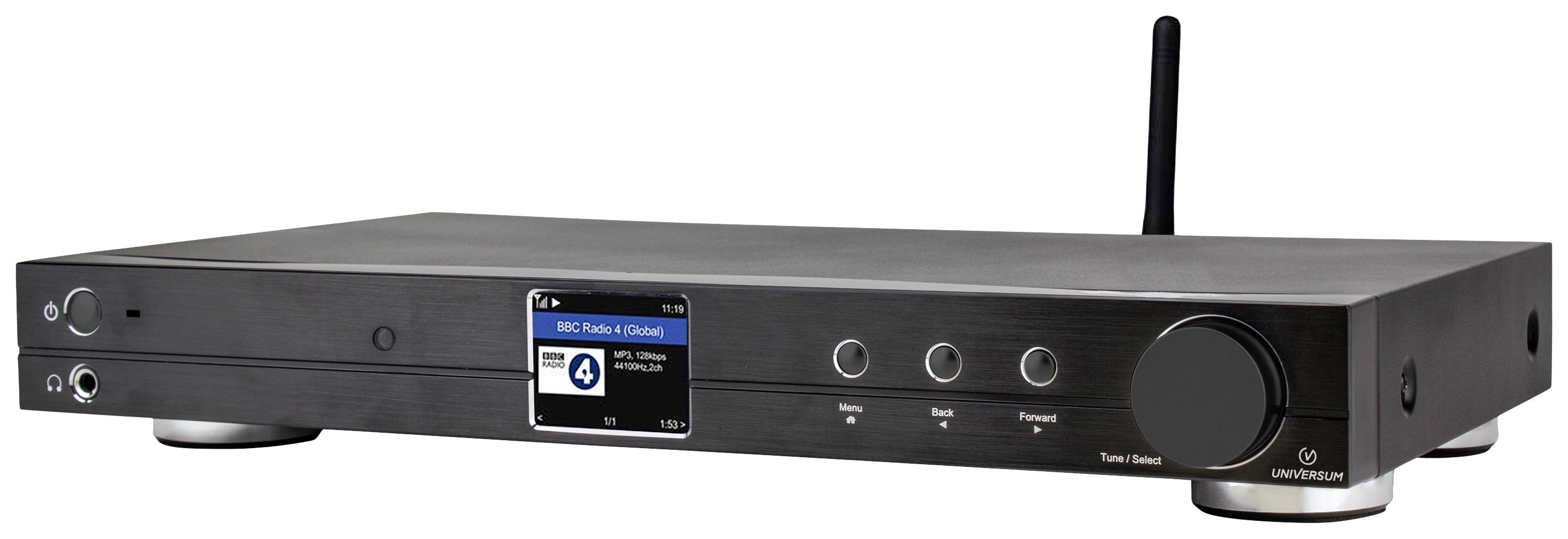 A black AV receiver with a display in the centre, showing 'BBC Radio 4 Global'. A large volume dial is positioned on the right.