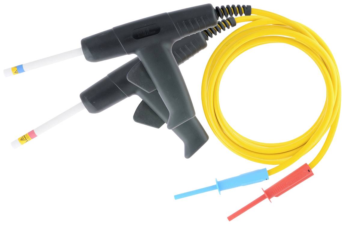 Two isolated cable testers with yellow cables and colour-coded tips, used for electrical voltage testing.