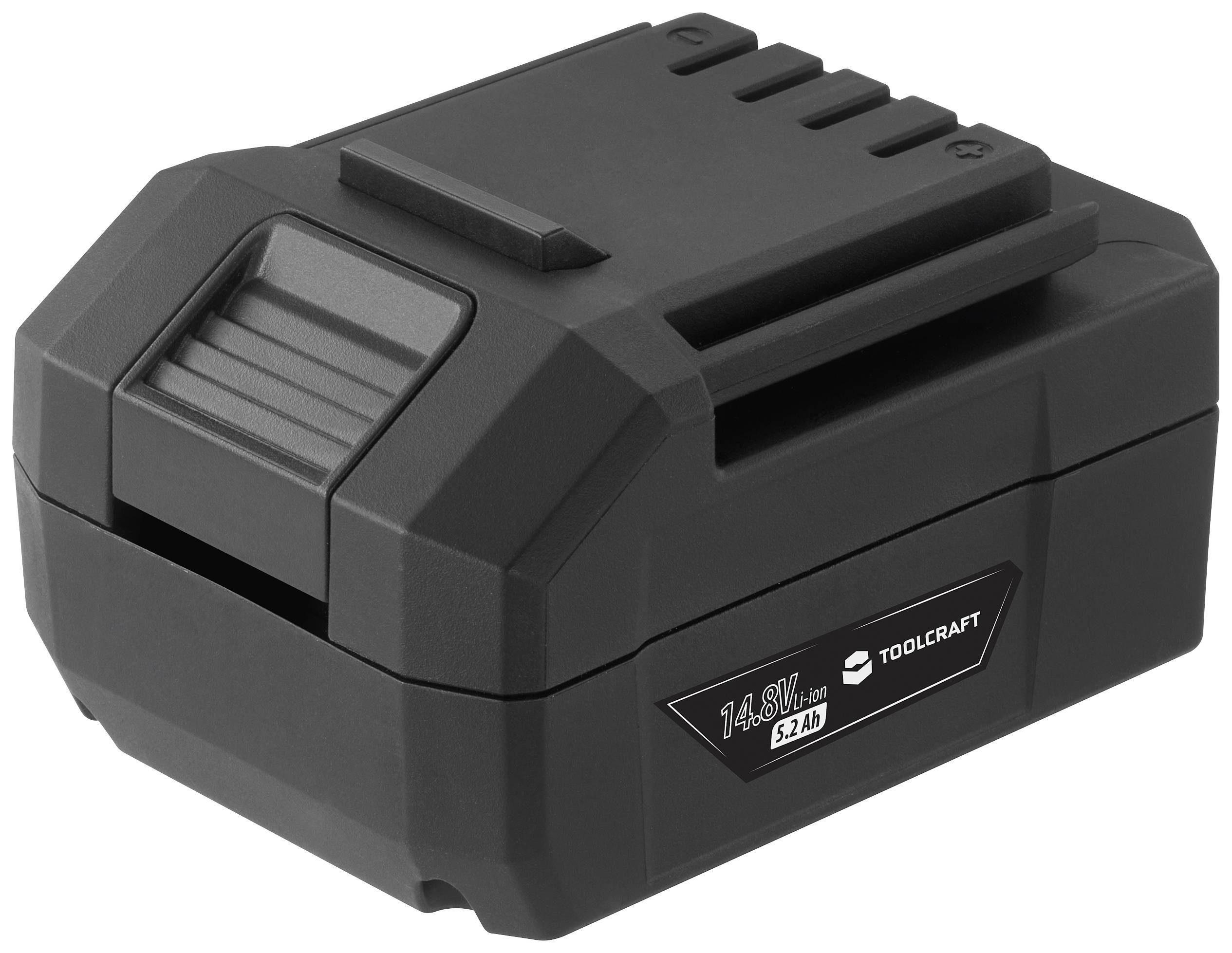 Black, rectangular battery by Toolcraft with the marking '14.4V, 3.2Ah Li-Ion', suitable for power tools.