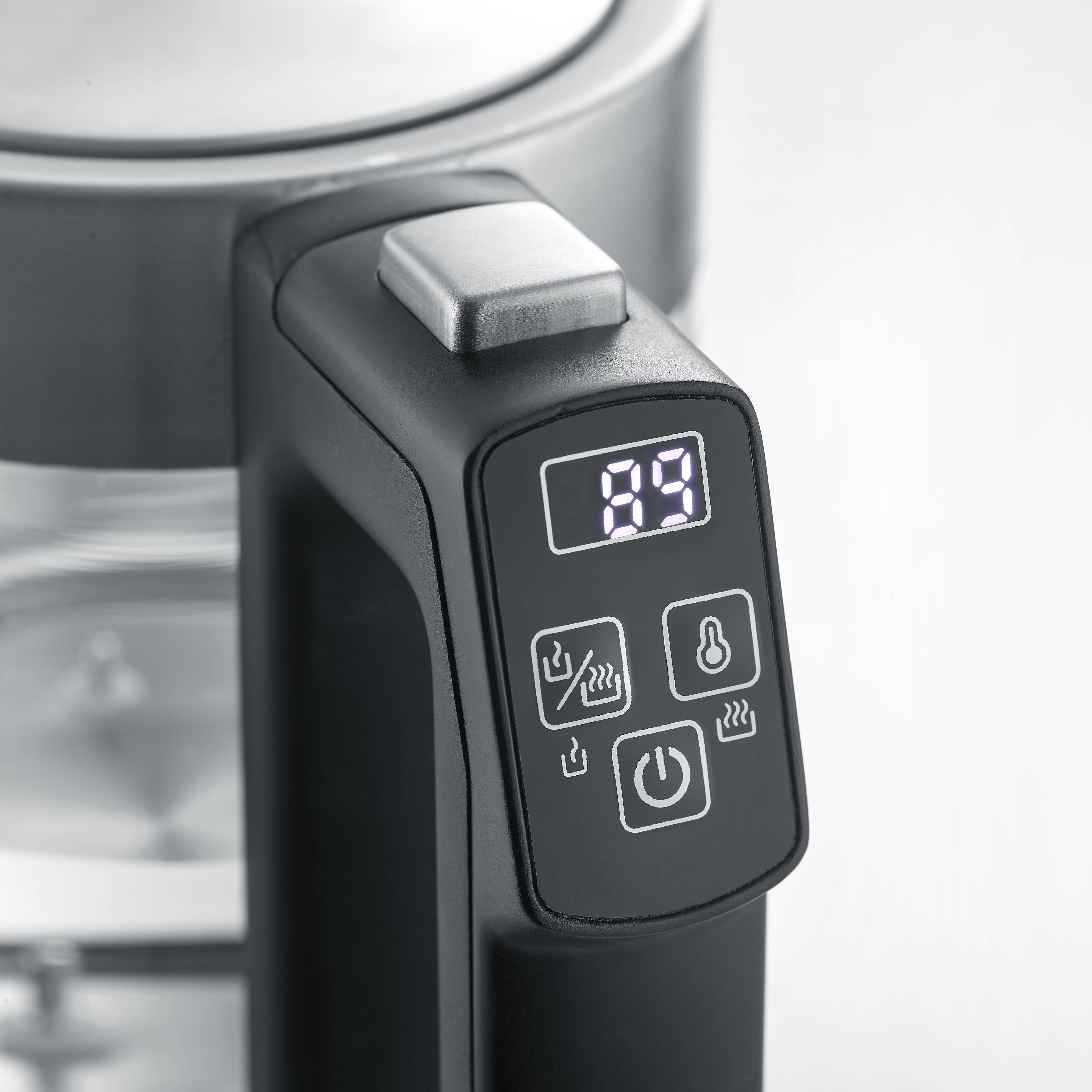 Electric kettle with digital display and temperature indicator. Shows 99 degrees.