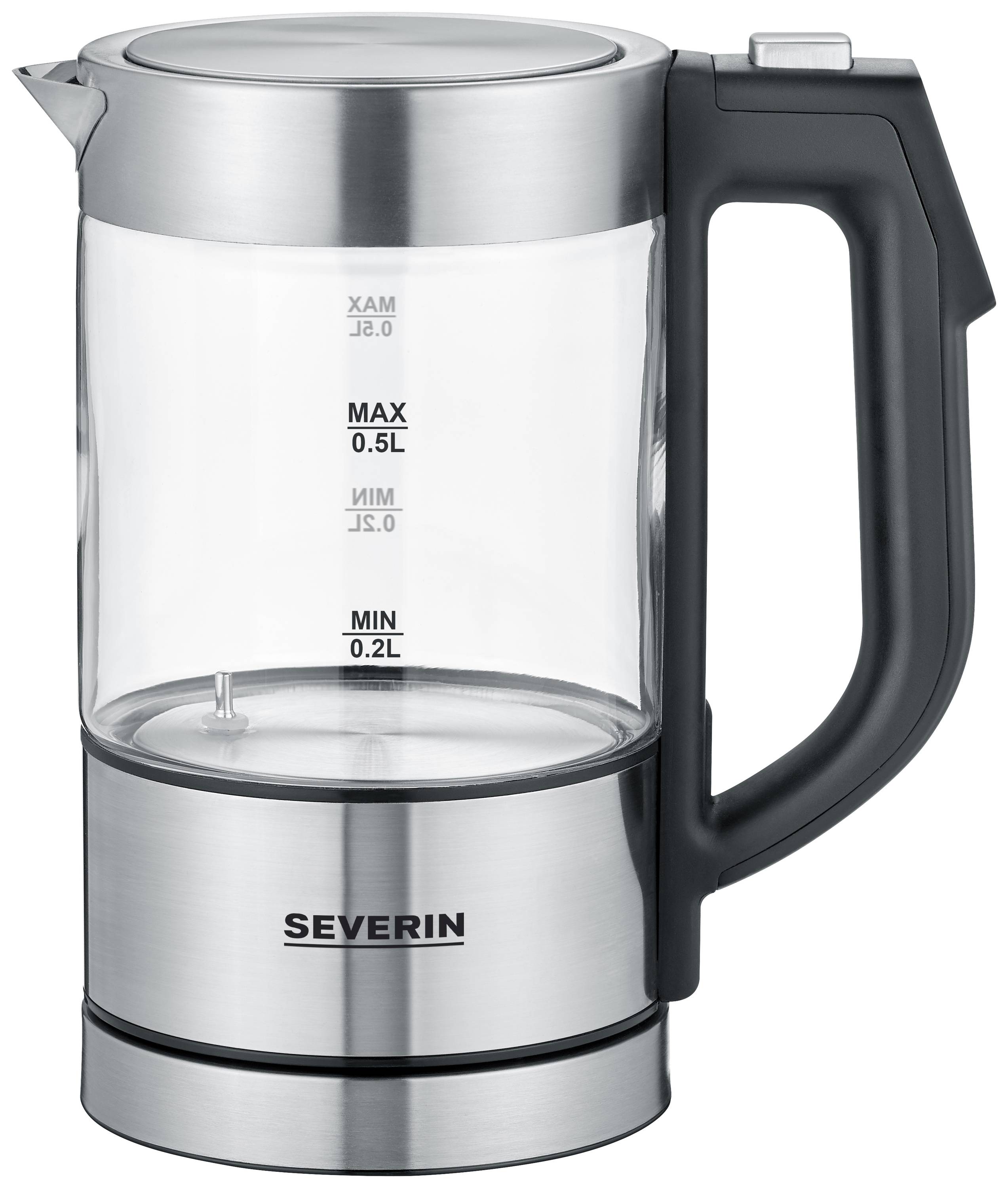A crystal-clear kettle with a measuring scale on the side shows MIN 0.2L, MAX 0.5L. The appliance has a stainless steel and plastic handle.