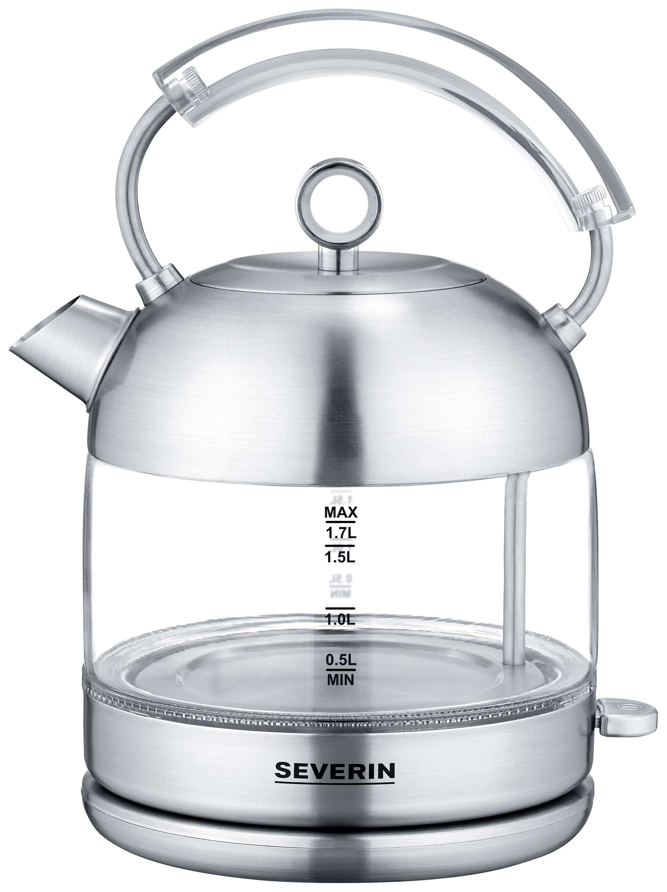 A stainless steel transparent kettle shows the water level scale from 0.5 to 1.7 litres. The lid has a handle.