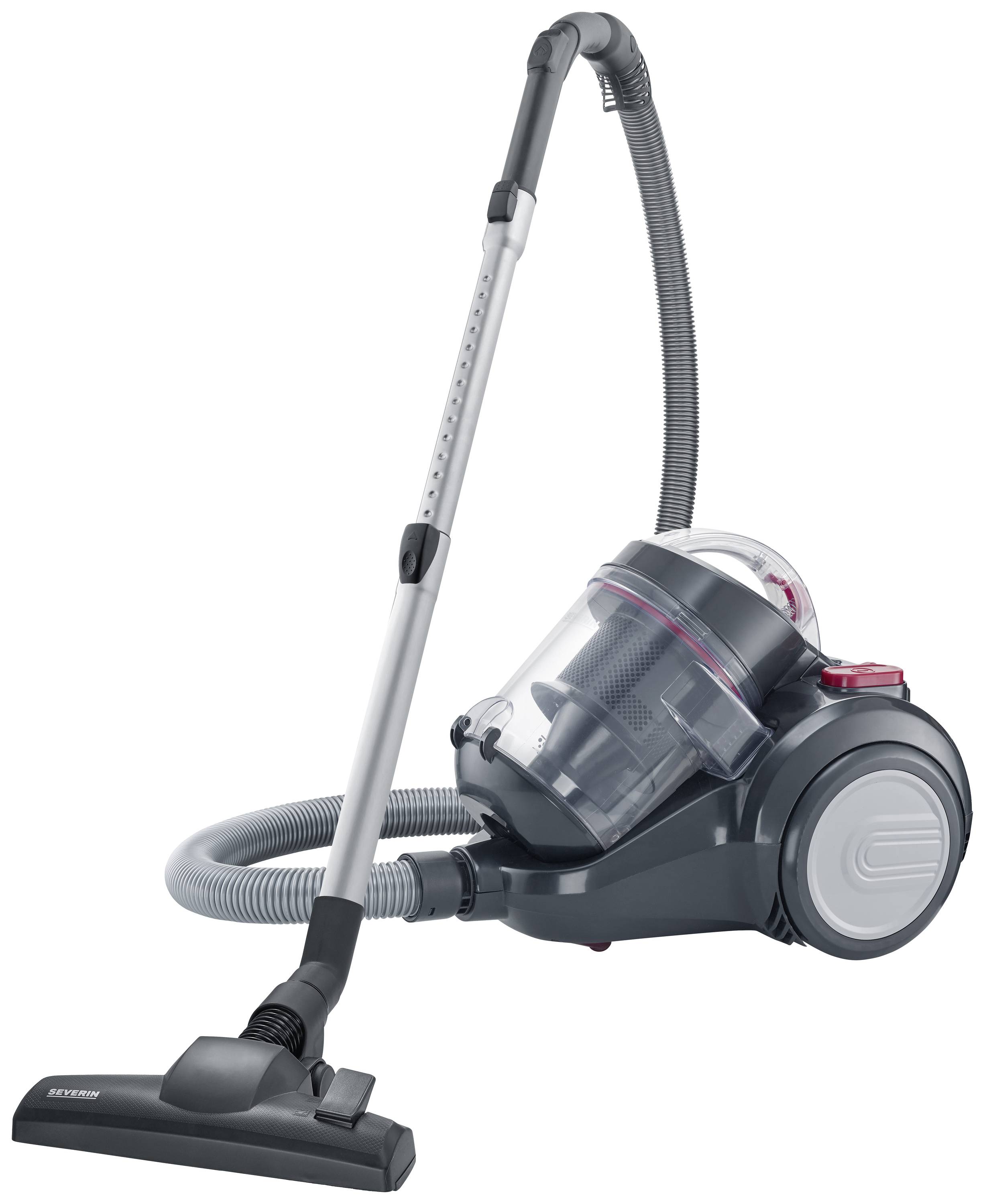 A silver, bagless vacuum cleaner on wheels, with a long hose and a telescopic tube, against a white background.