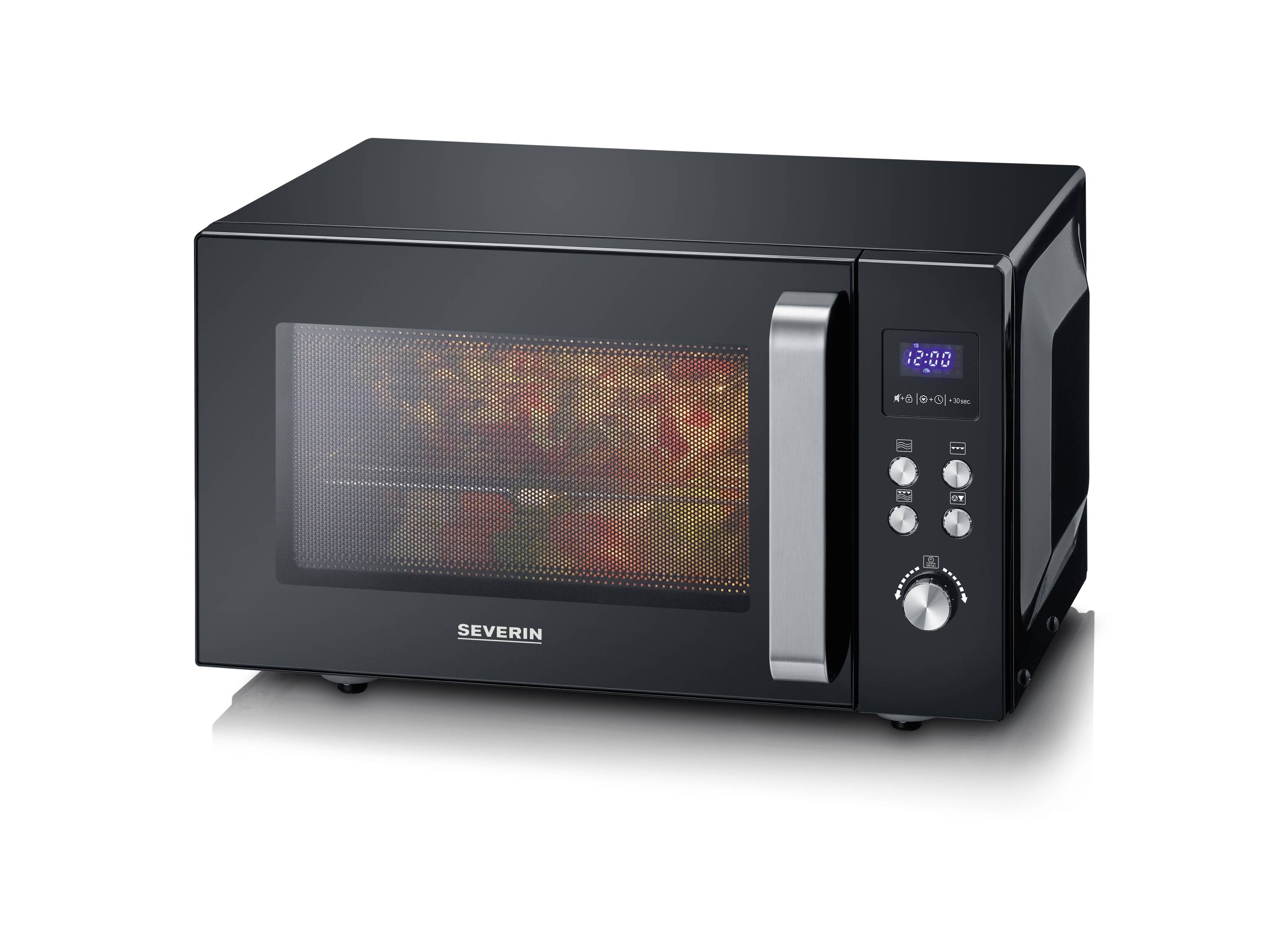 Black microwave with digital time display, multiple control buttons on the side and illuminated interior, with a pizza inside.