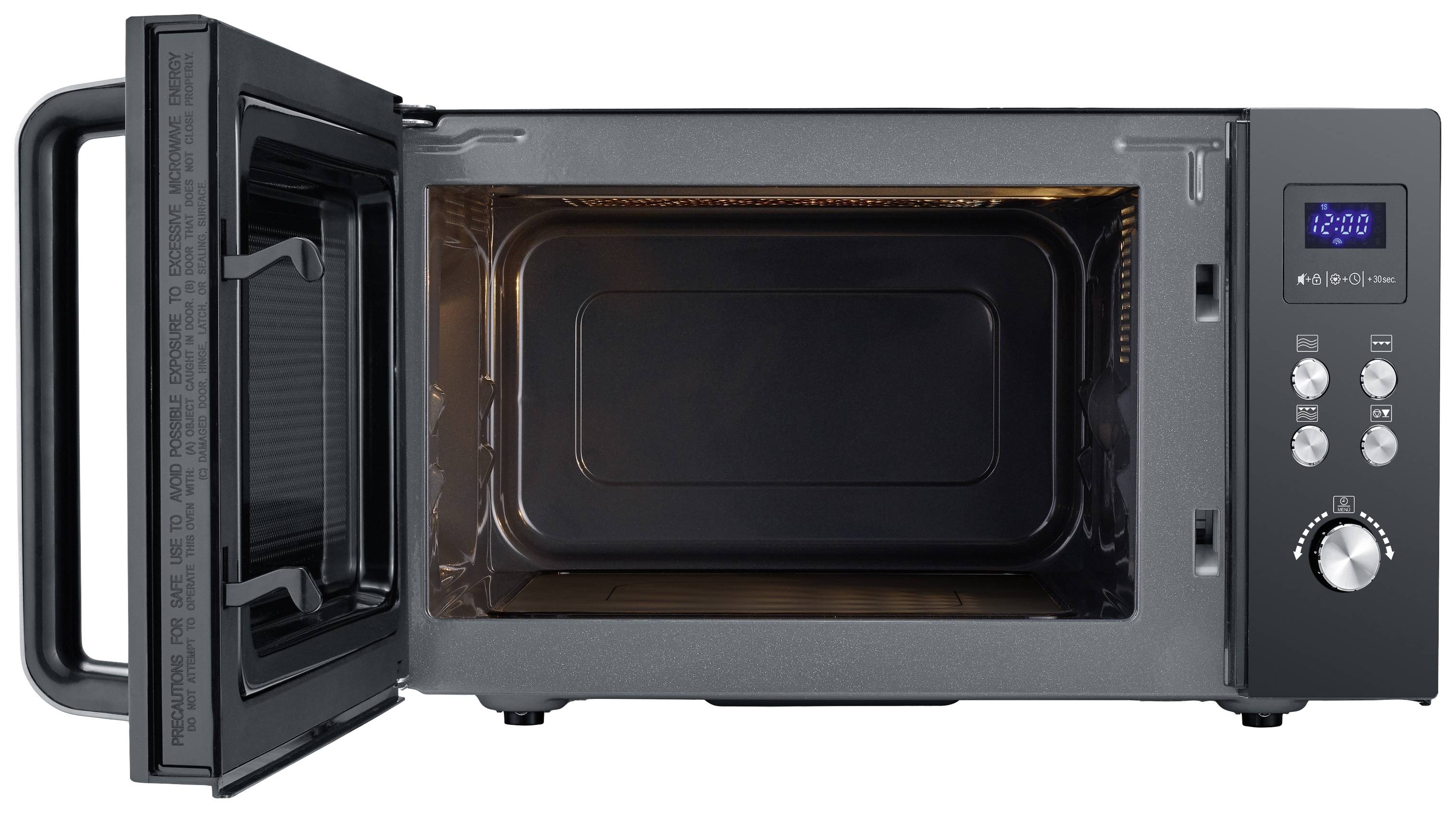 Open microwave with digital display showing '12:00'. Side view reveals interior and control panel with buttons.