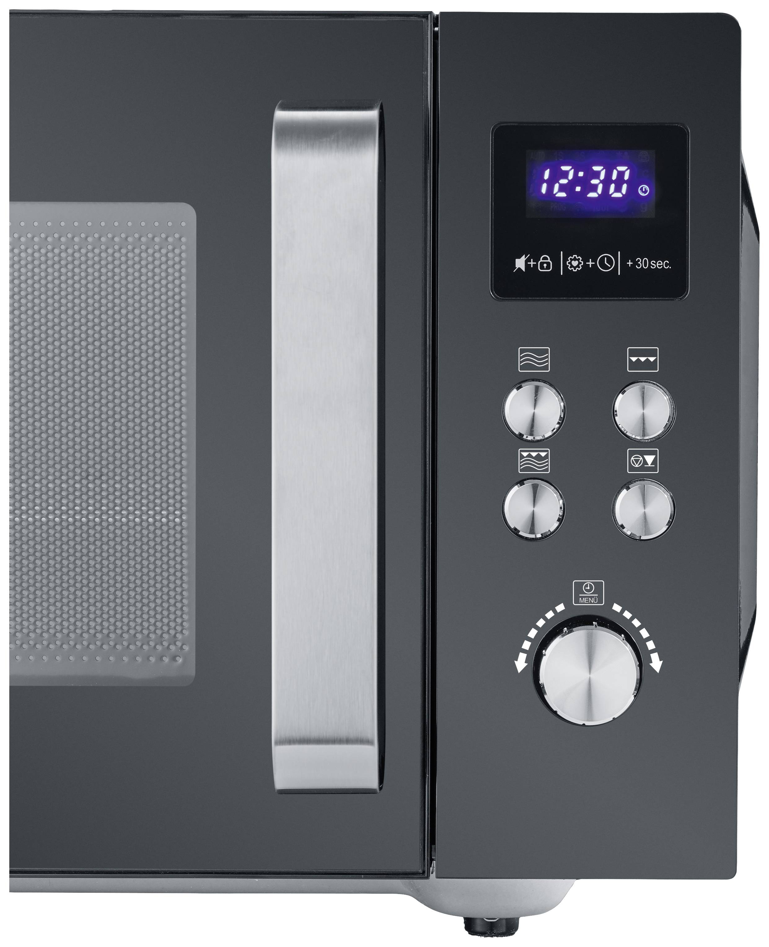 A partially open microwave is visible with a digital display showing the time '12:30'; it has various control buttons.