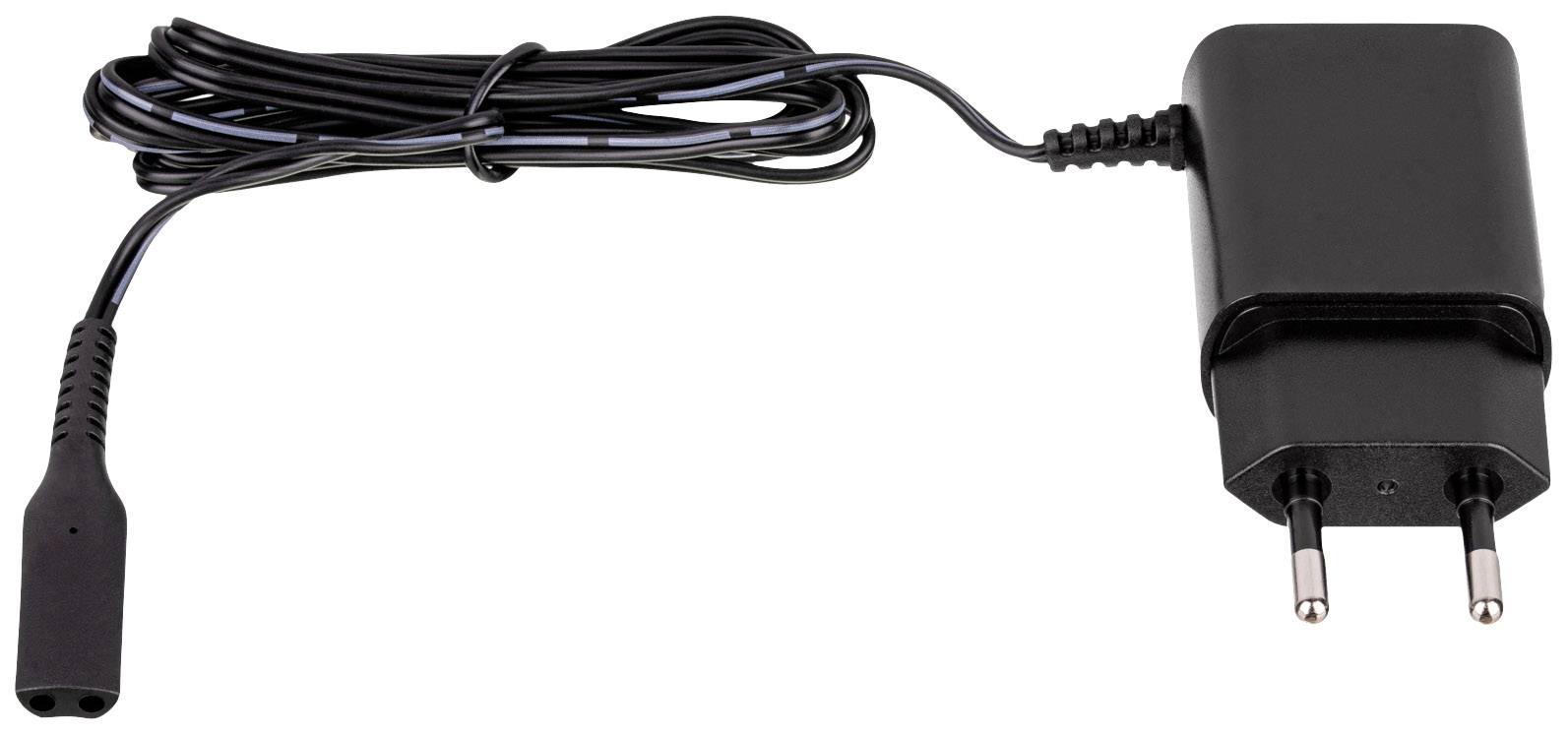 A black charger with a European plug and a long cable, suitable for electronic devices.