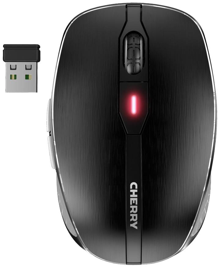 Wireless black computer mouse viewed from above. A USB dongle is positioned next to the mouse.