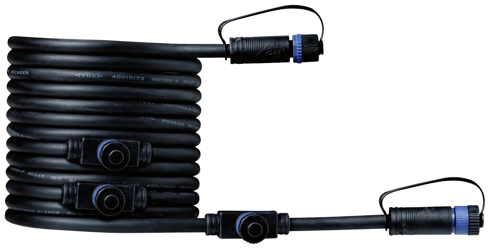 A black, multi-coiled cable conduit with blue connectors, suitable for electrical installations.