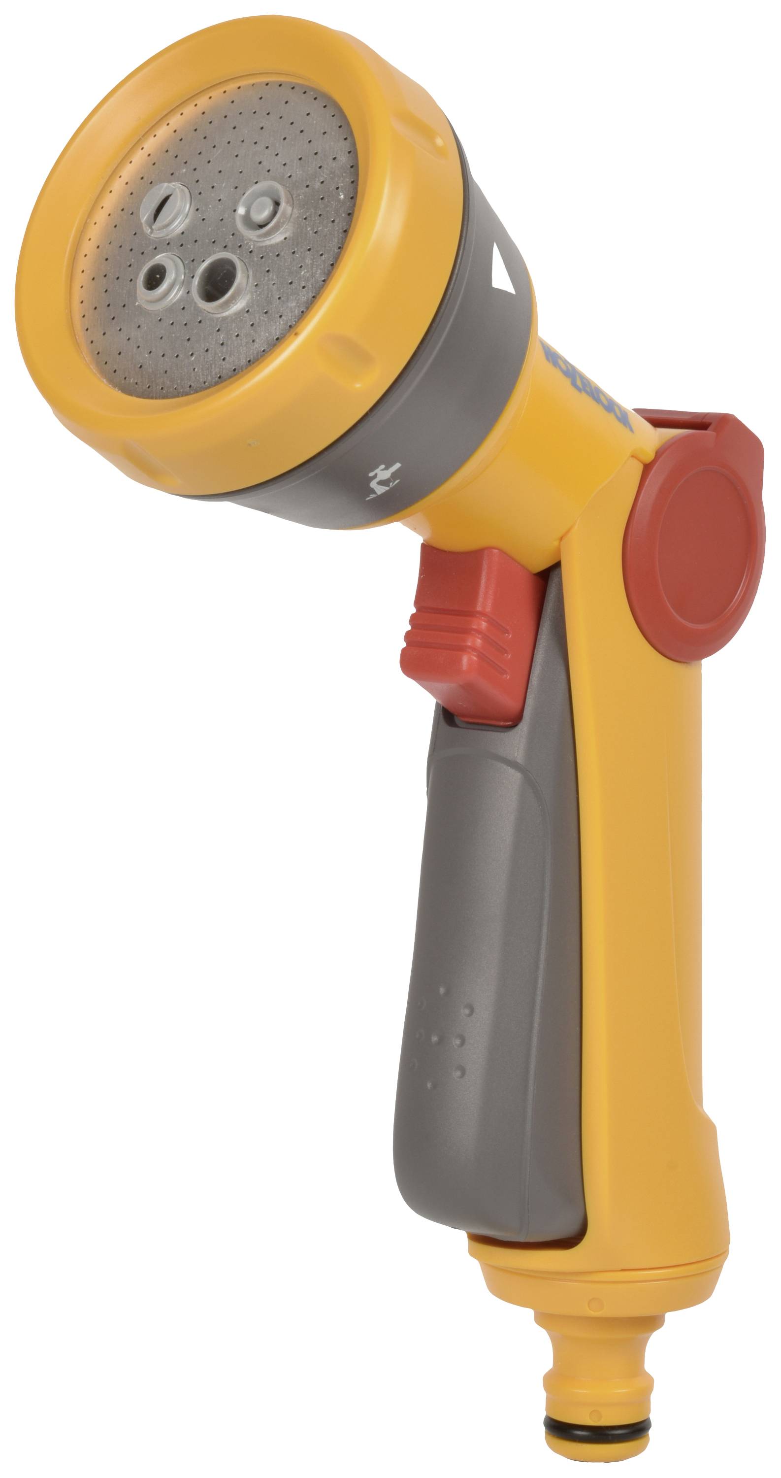 Orange-grey garden sprinkler with multiple spray openings and a red lever for adjusting spray patterns.
