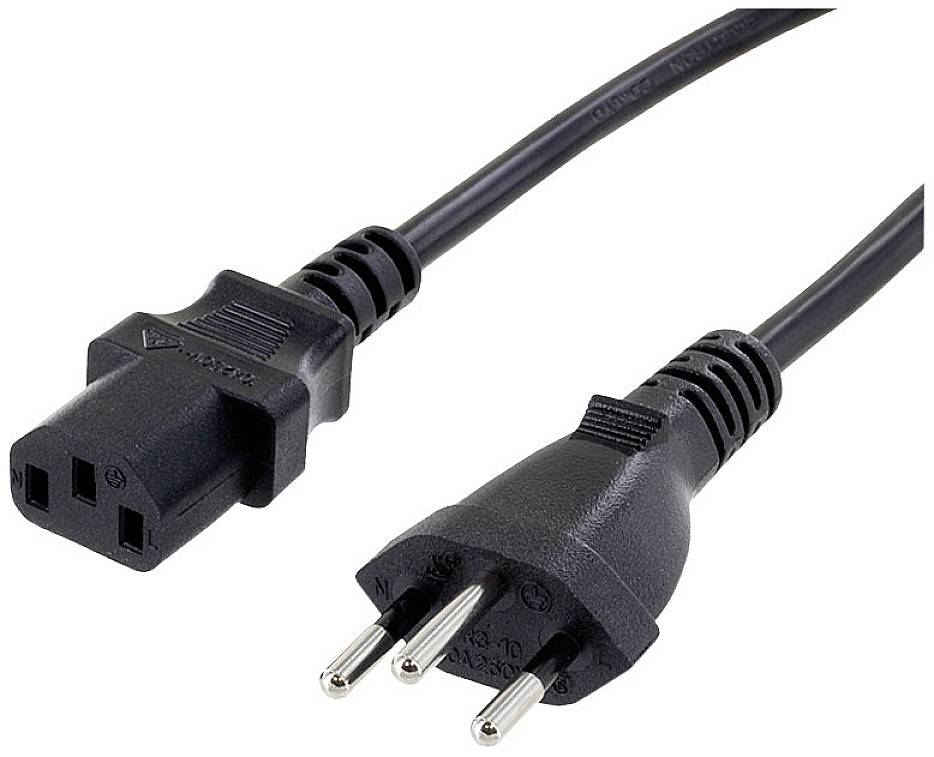 A black network cable with a three-pin plug on one side and a three-pin socket connector on the other side.