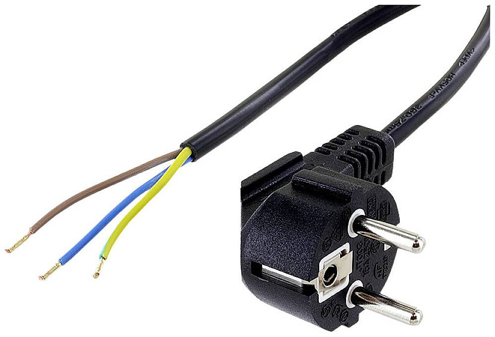 A three-pin Schuko plug with a black cable, whose ends have three exposed wires in brown, blue and green-yellow.