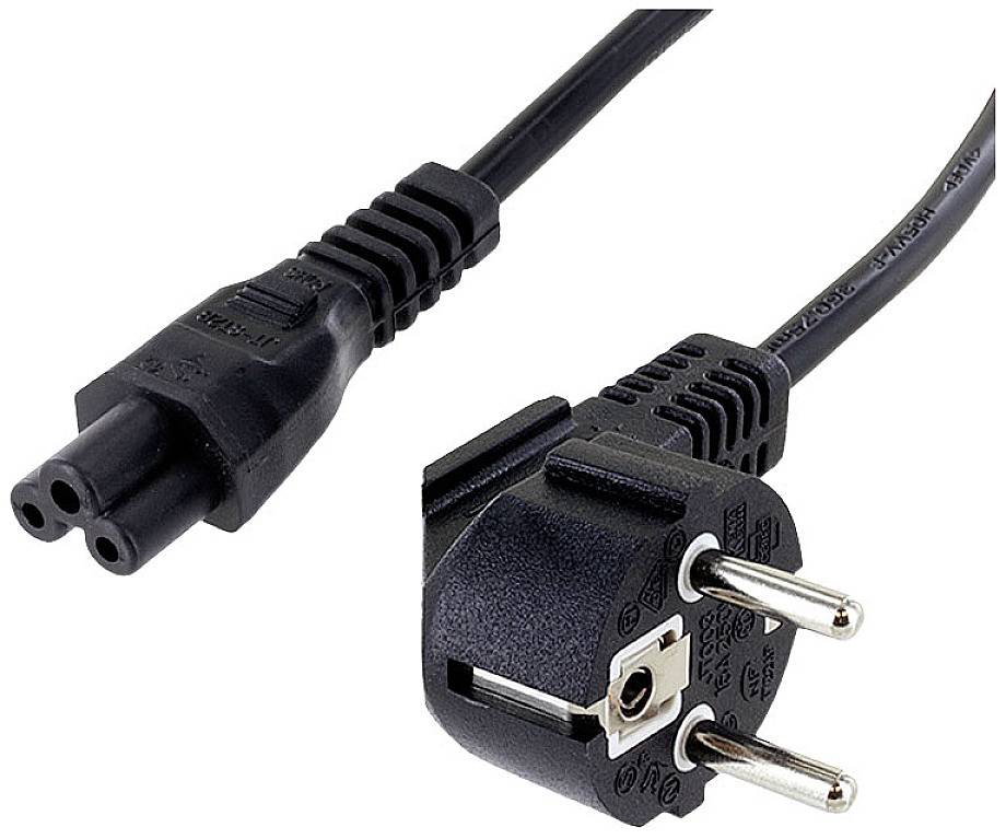 The illustration shows a black mains cable with a Euro plug and a three-pronged IEC (cold equipment) connector, suitable for electronic devices.