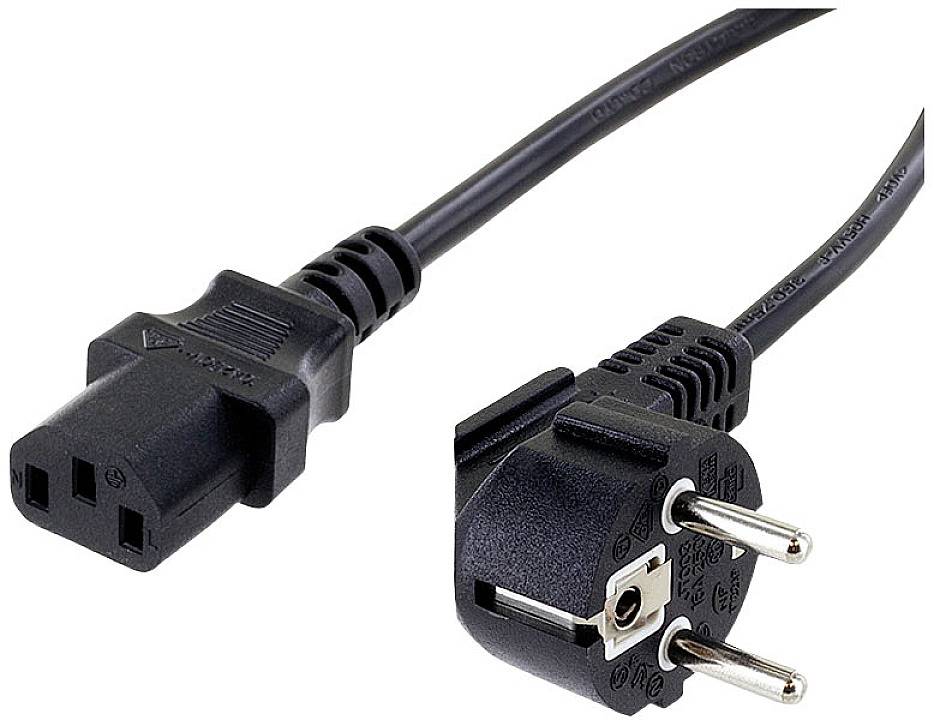 Image of a black power cable with an IEC C13 connector on the left side and a Schuko plug on the right side. Ideal for connecting devices to the power network.