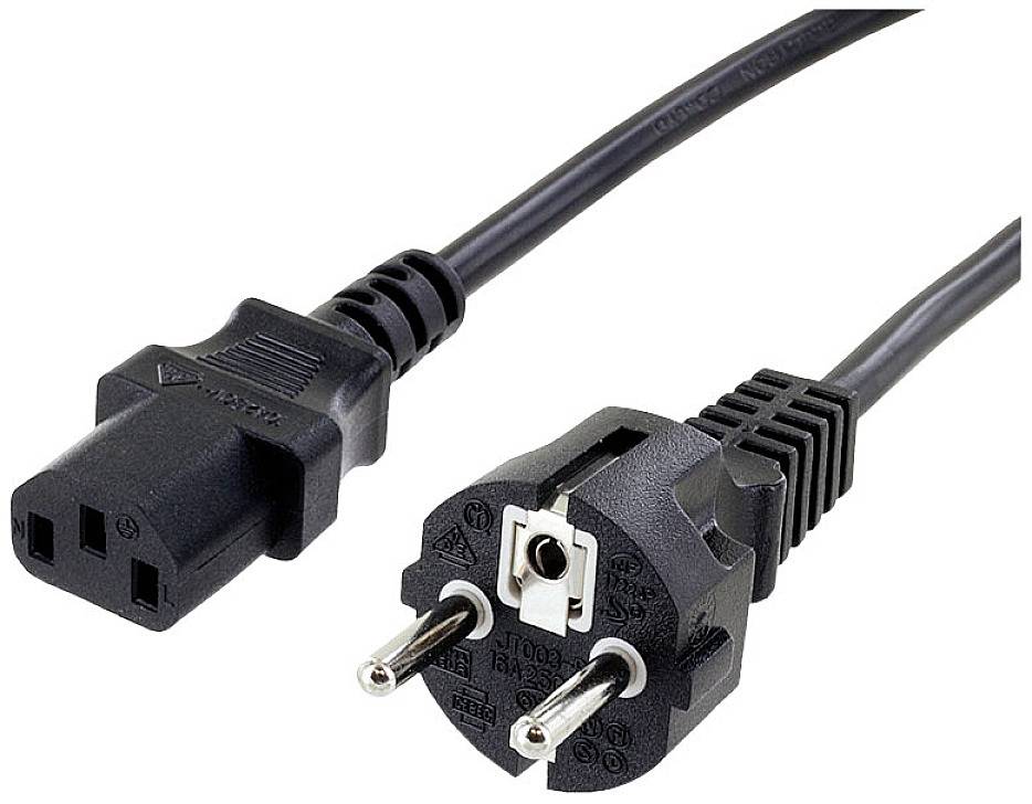 A black mains cable with a European Schuko plug and a C13 connector, suitable for equipment connections.