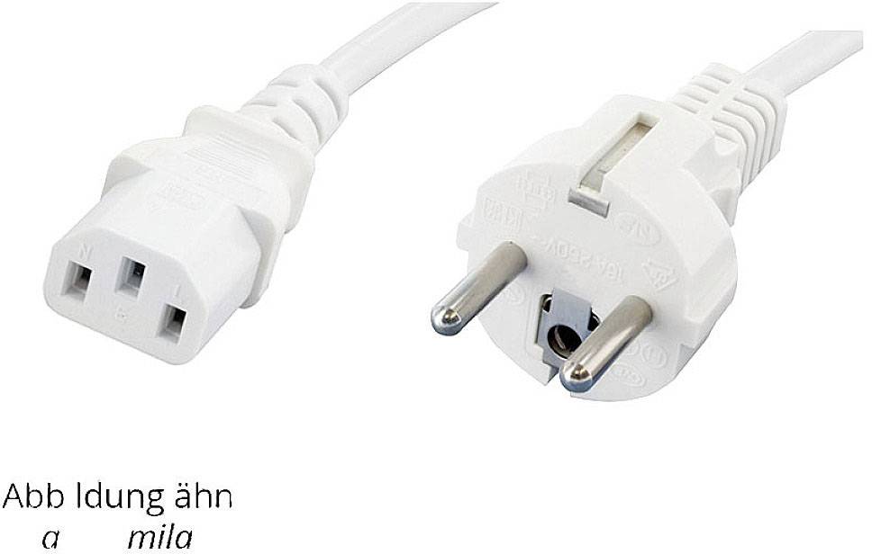 A white power cable with a C13 connector on the left and a Schuko plug on the right, used for connecting electrical devices.
